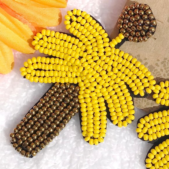 Boho Seed Bead Yellow Palm Tree Post Drop Earrings - Picture 2 of 4
